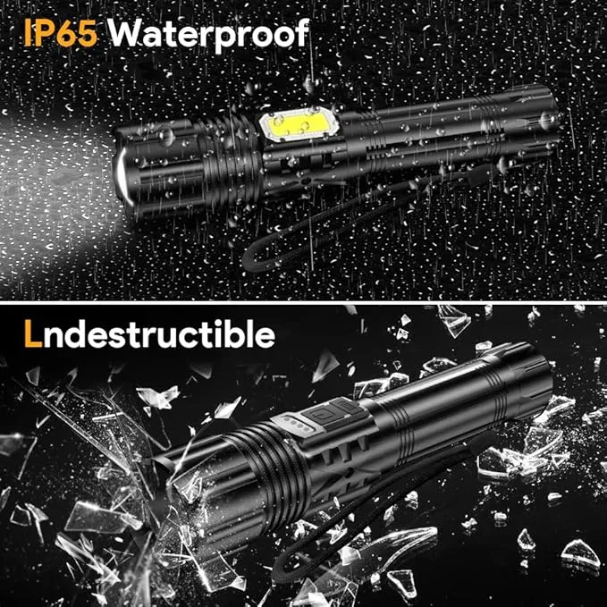 2 Pack Rechargeable Flashlights 10000 High Lumens with Cob Sidelight,Waterproof,Zoomable,5 Modes,LED Flashlight for Emergency Camping Hiking(with Battery)
