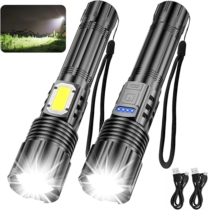 2 Pack Rechargeable Flashlights 10000 High Lumens with Cob Sidelight,Waterproof,Zoomable,5 Modes,LED Flashlight for Emergency Camping Hiking(with Battery)