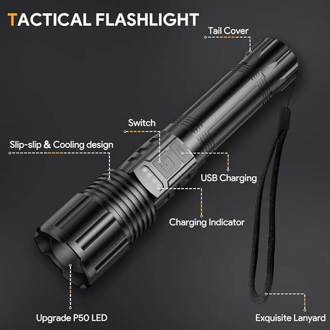 2 Pack Rechargeable Flashlights 10000 High Lumens with Cob Sidelight,Waterproof,Zoomable,5 Modes,LED Flashlight for Emergency Camping Hiking(with Battery)