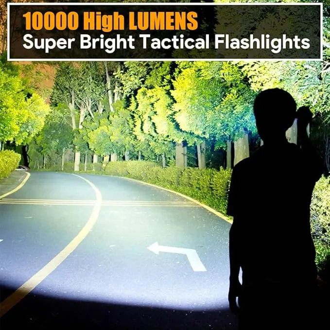 2 Pack Rechargeable Flashlights 10000 High Lumens with Cob Sidelight,Waterproof,Zoomable,5 Modes,LED Flashlight for Emergency Camping Hiking(with Battery)