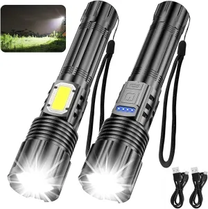 2 Pack Rechargeable Flashlights 10000 High Lumens with Cob Sidelight,Waterproof,Zoomable,5 Modes,LED Flashlight for Emergency Camping Hiking(with Battery)
