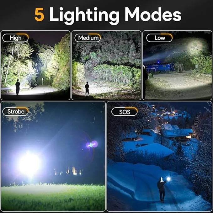 2 Pack Rechargeable Flashlights 10000 High Lumens with Cob Sidelight,Waterproof,Zoomable,5 Modes,LED Flashlight for Emergency Camping Hiking(with Battery)