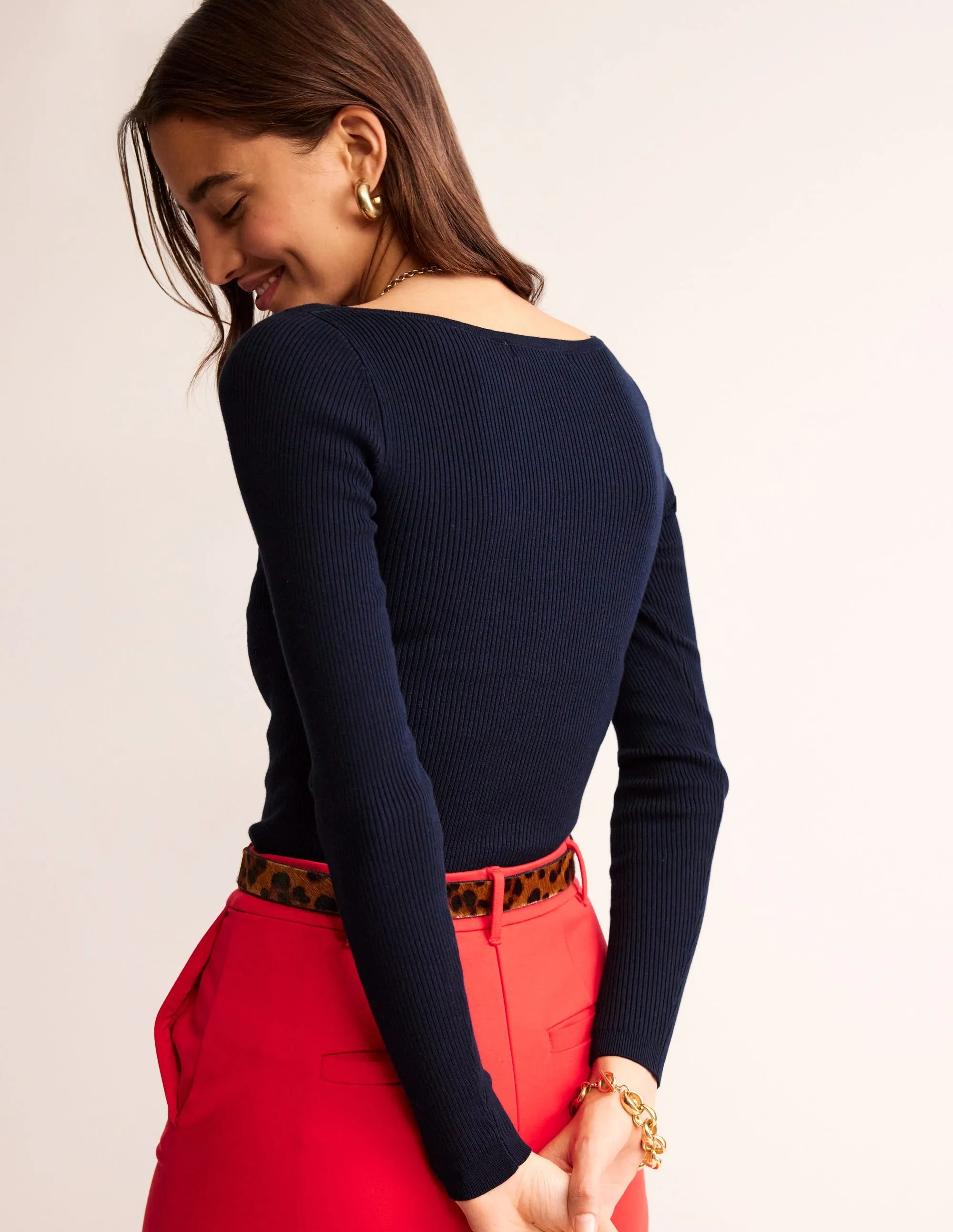 Cotton Rib Boat Neck Jumper-Navy