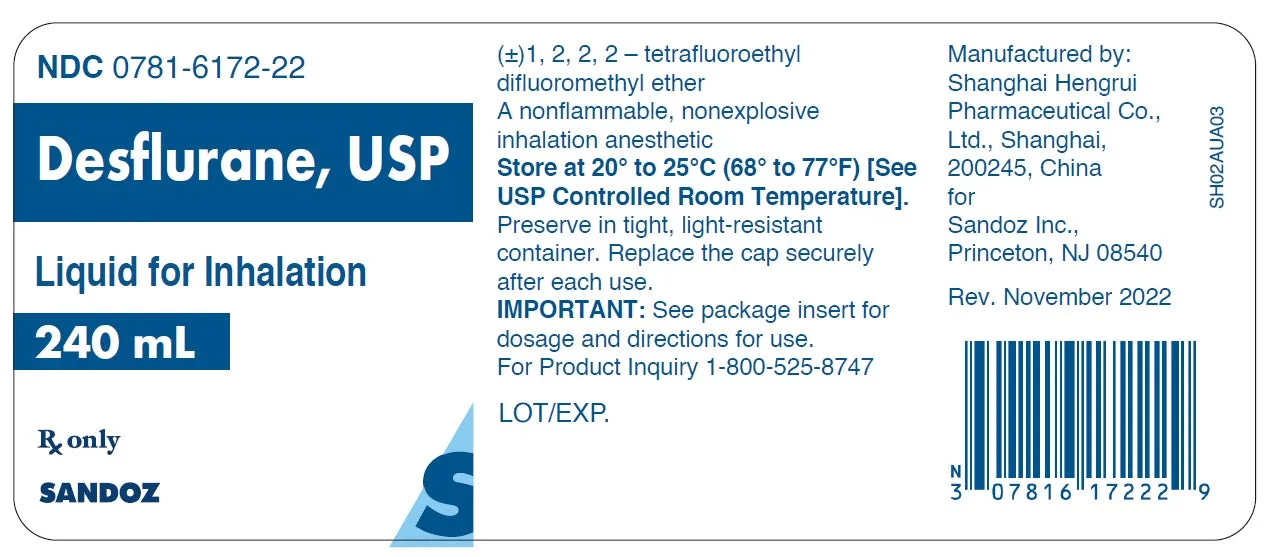 Desflurane Liquid for Anesthesia Inhalation 240 mL x 6/Case by Sandoz (RX)