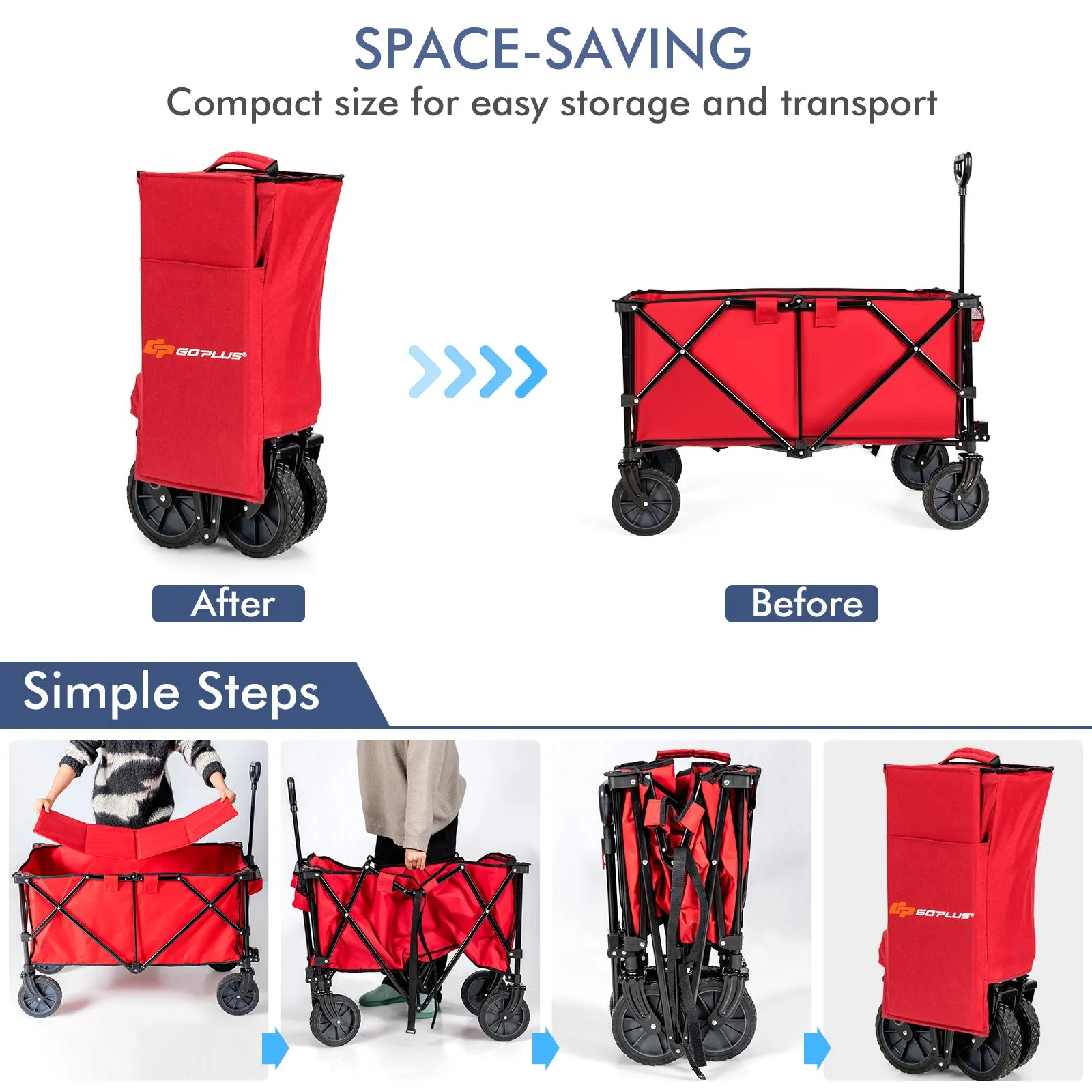 Folding Camping Wagon with Cup Holders and Adjustable Handle-Red