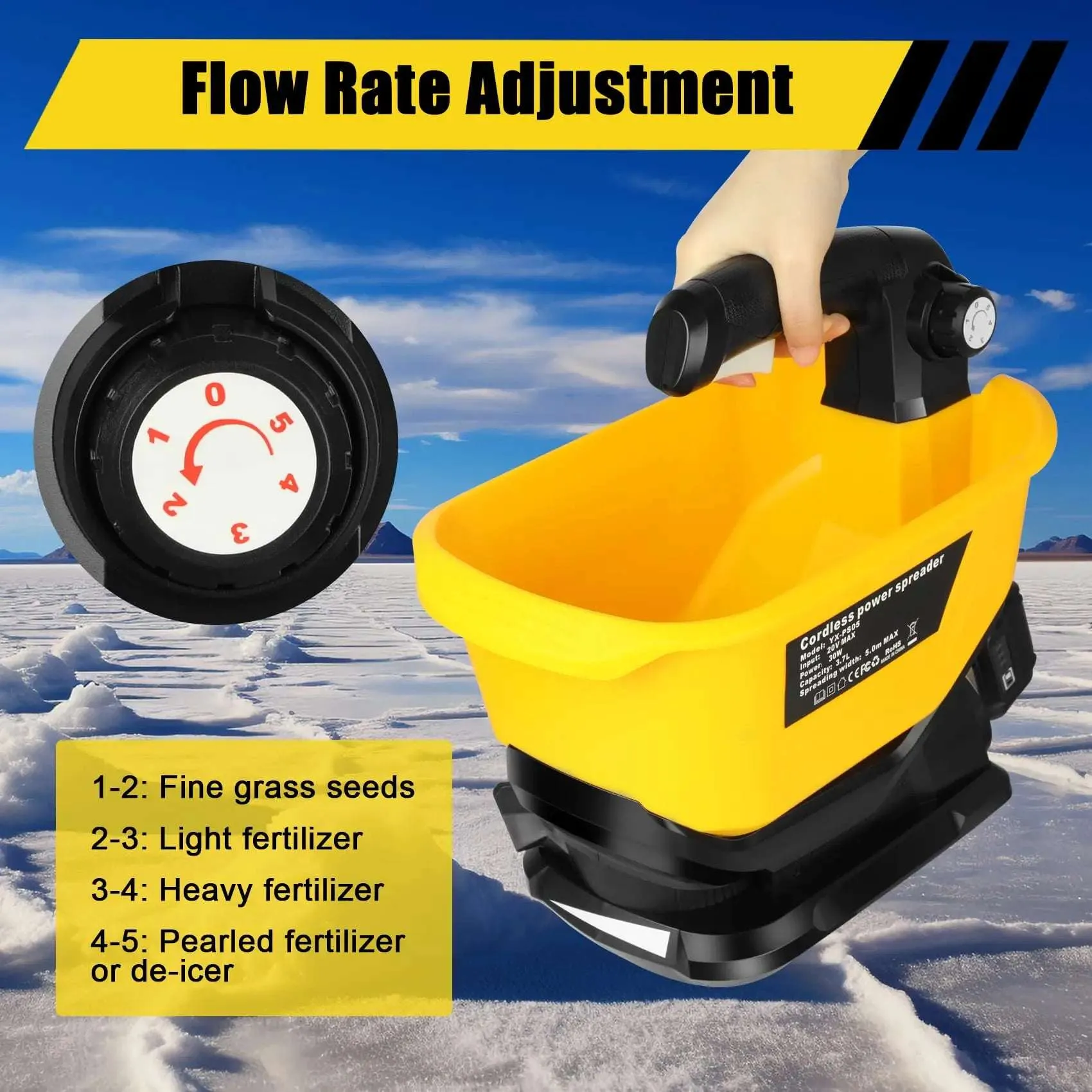 Handheld Seed Spreader for Dewalt 20V/60V Li-ion Battery  3.7L Capacity for Grass Seed, Fertilizer, Salt