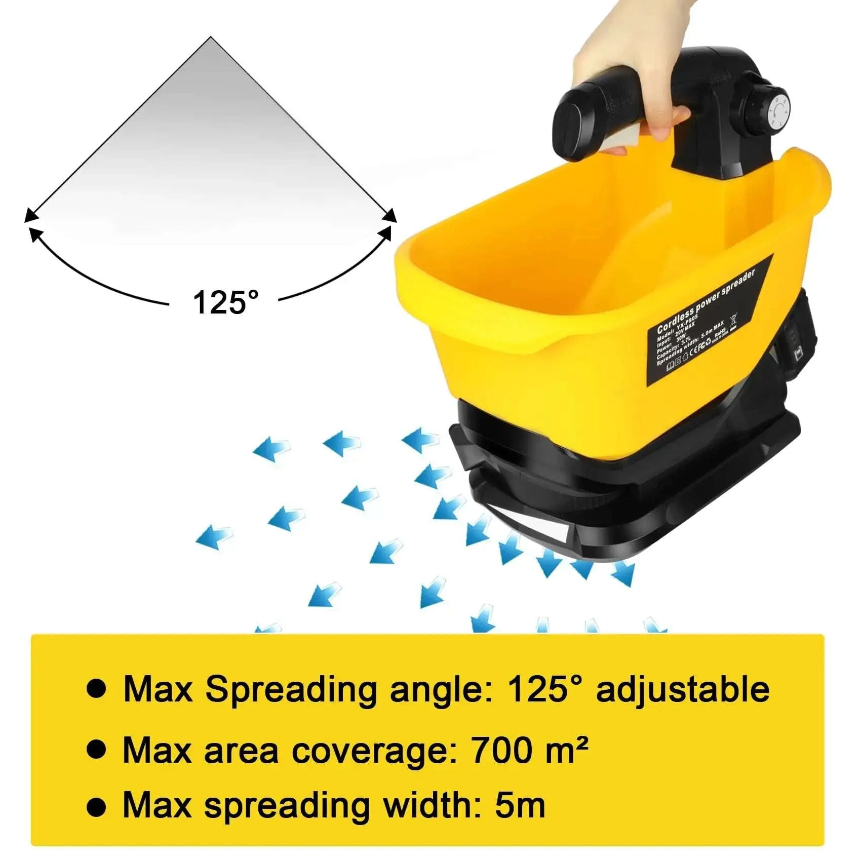 Handheld Seed Spreader for Dewalt 20V/60V Li-ion Battery  3.7L Capacity for Grass Seed, Fertilizer, Salt