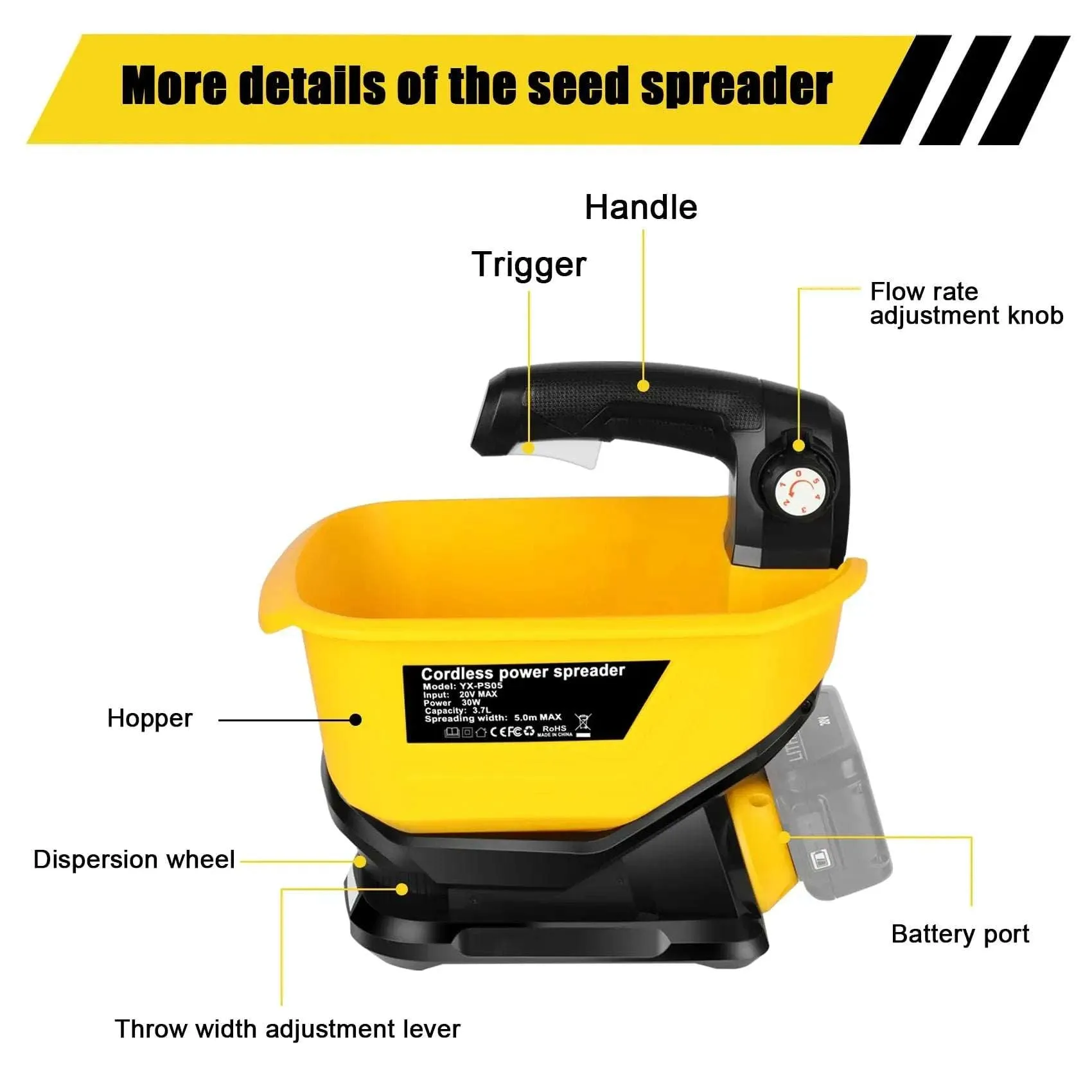 Handheld Seed Spreader for Dewalt 20V/60V Li-ion Battery  3.7L Capacity for Grass Seed, Fertilizer, Salt