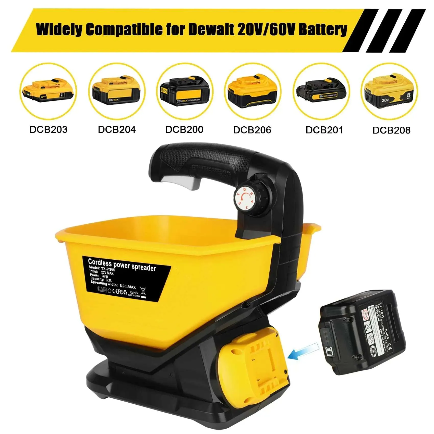 Handheld Seed Spreader for Dewalt 20V/60V Li-ion Battery  3.7L Capacity for Grass Seed, Fertilizer, Salt