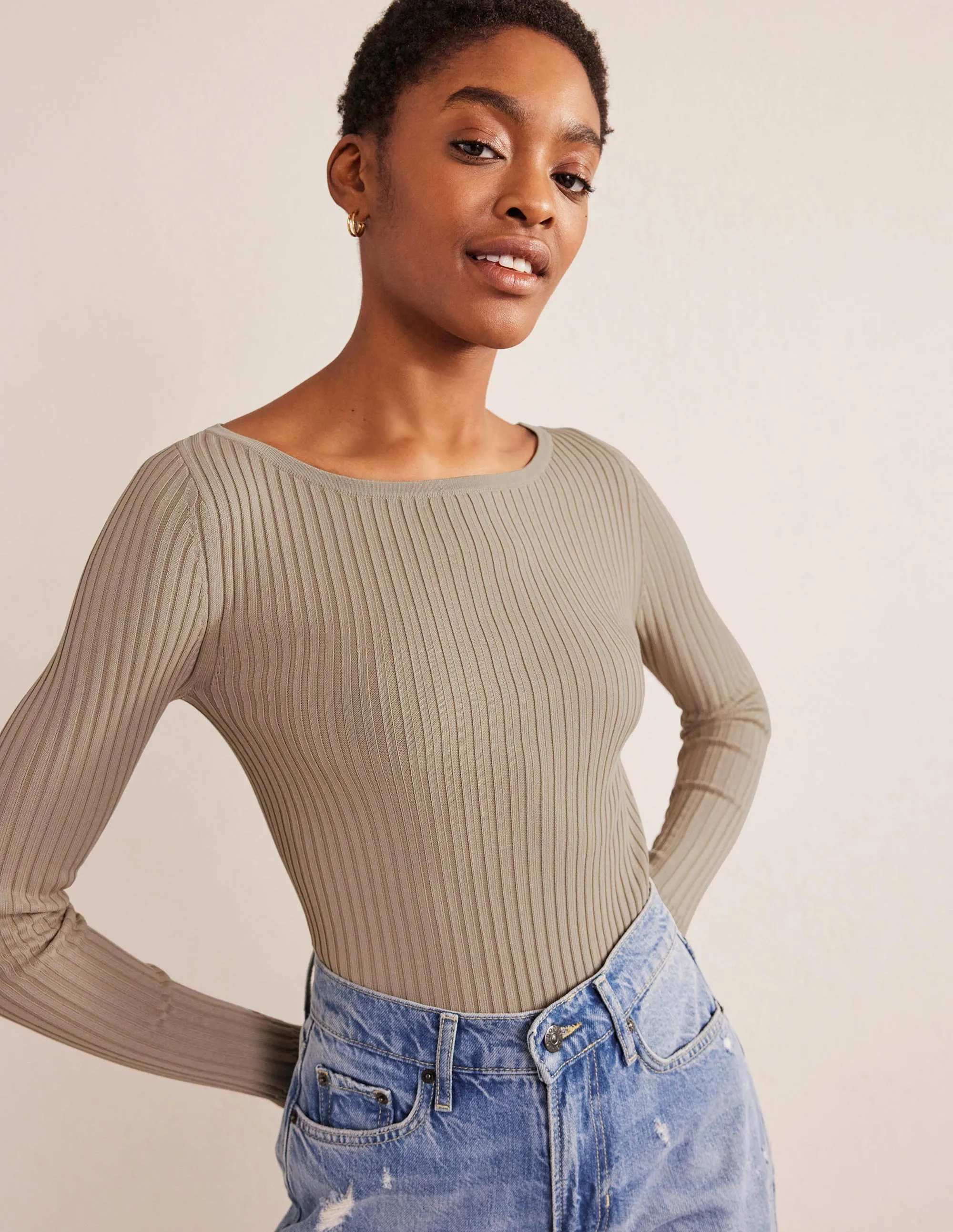 Ribbed Slash Neck Jumper-Stone