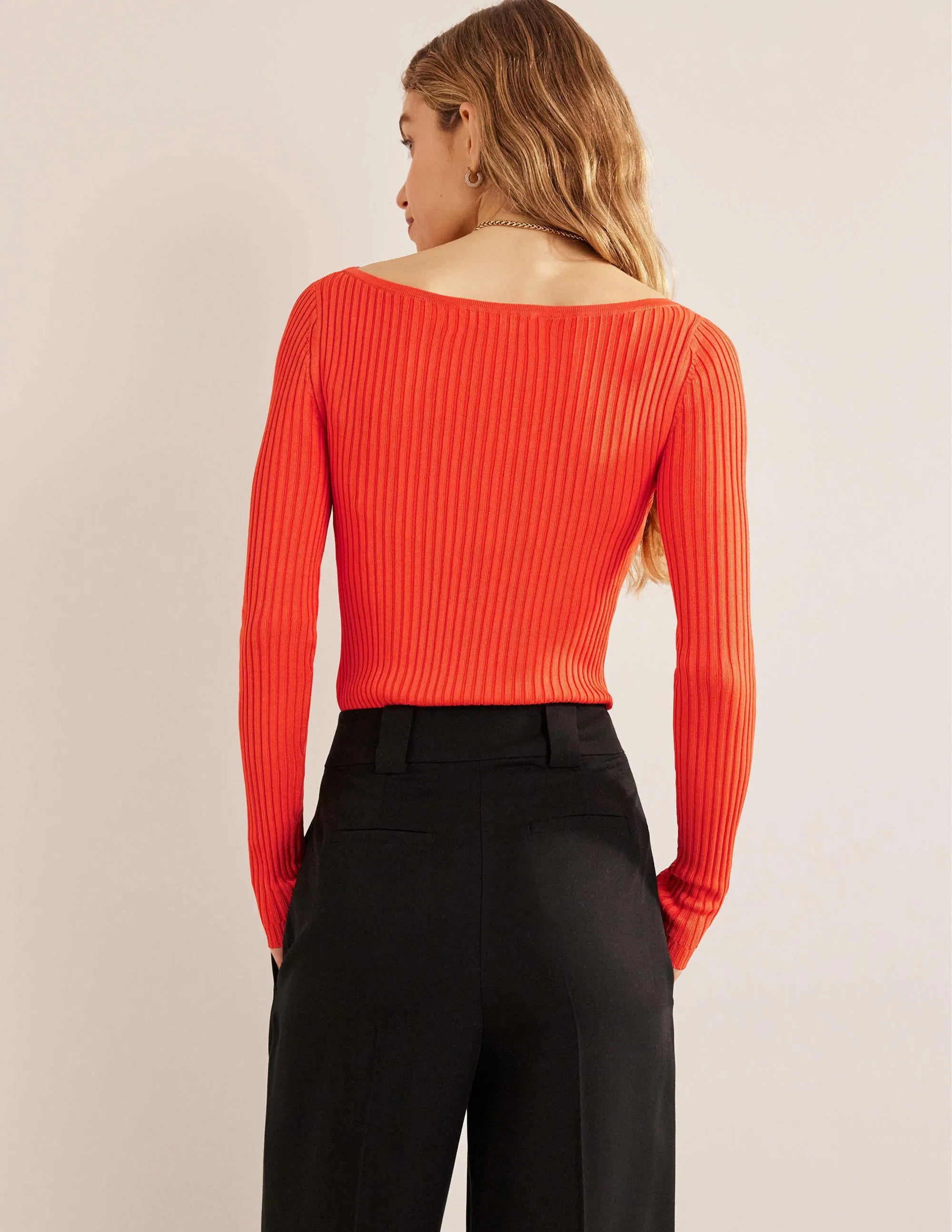 Ribbed Slash Neck Jumper-Vermillion Red