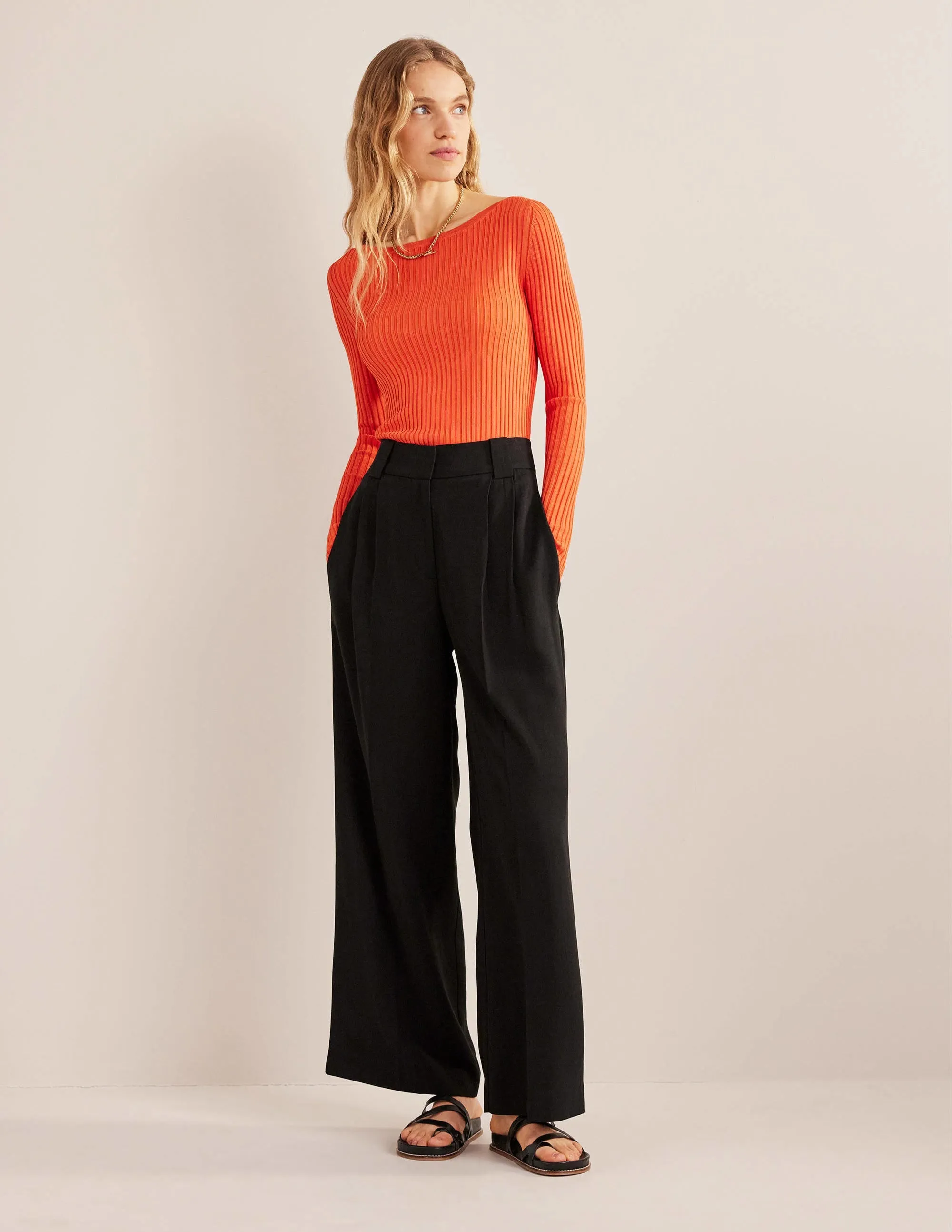 Ribbed Slash Neck Jumper-Vermillion Red