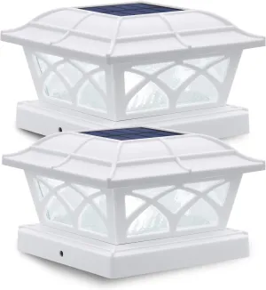 Solar Post Cap Lights Outdoor Glass 2 Modes 8 Leds for 4X4 5X5 6X6 Posts Fence Deck Patio Decoration Warm White/Cool White Lighting White (2 Pack)