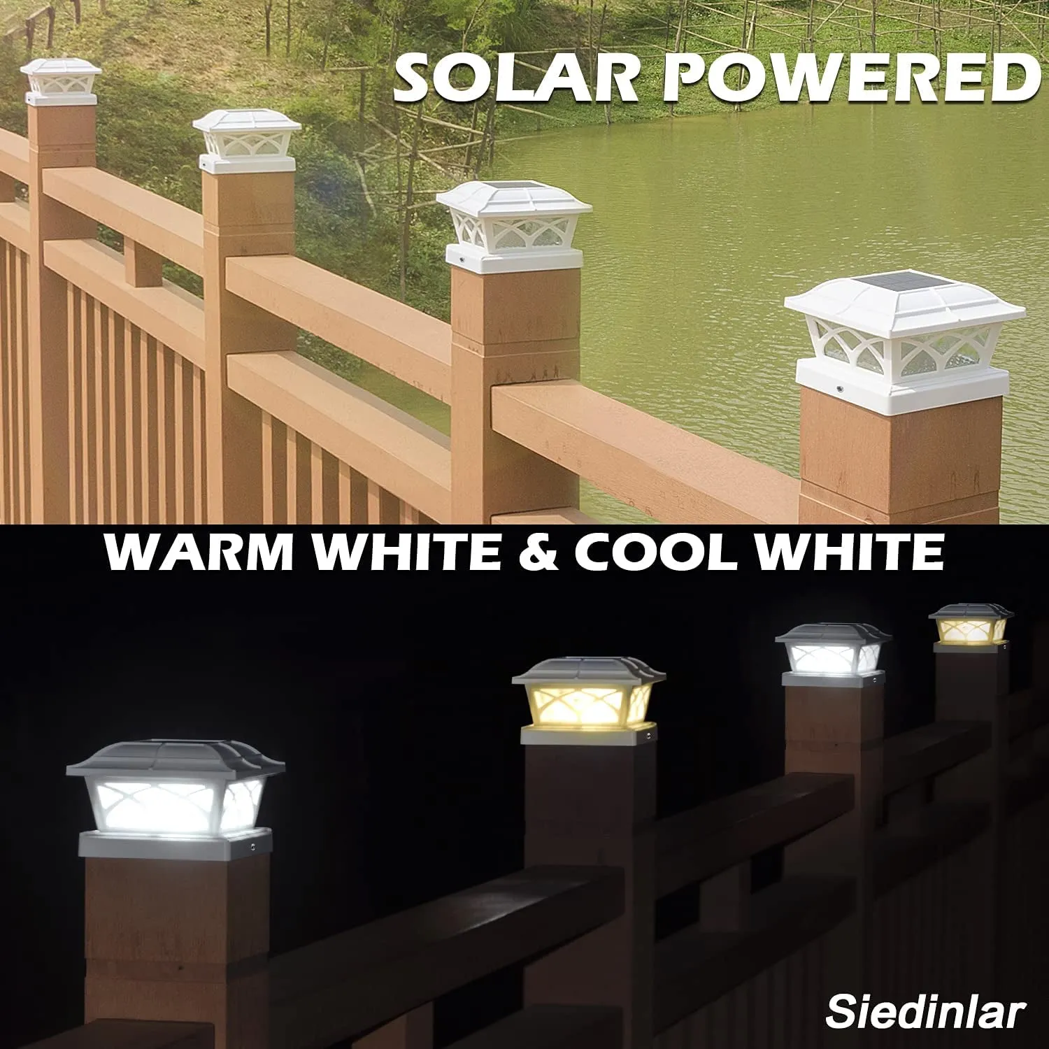 Solar Post Cap Lights Outdoor Glass 2 Modes 8 Leds for 4X4 5X5 6X6 Posts Fence Deck Patio Decoration Warm White/Cool White Lighting White (2 Pack)