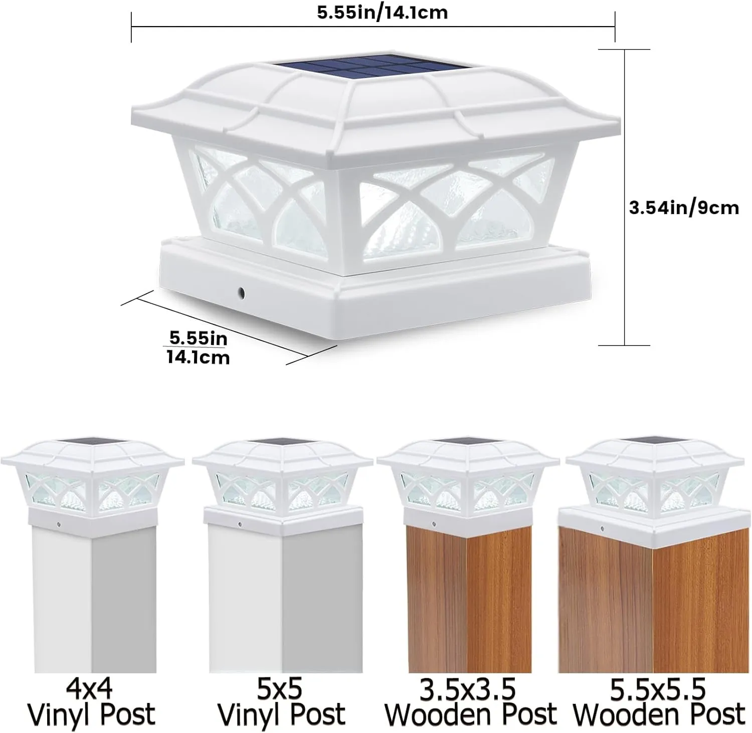 Solar Post Cap Lights Outdoor Glass 2 Modes 8 Leds for 4X4 5X5 6X6 Posts Fence Deck Patio Decoration Warm White/Cool White Lighting White (2 Pack)