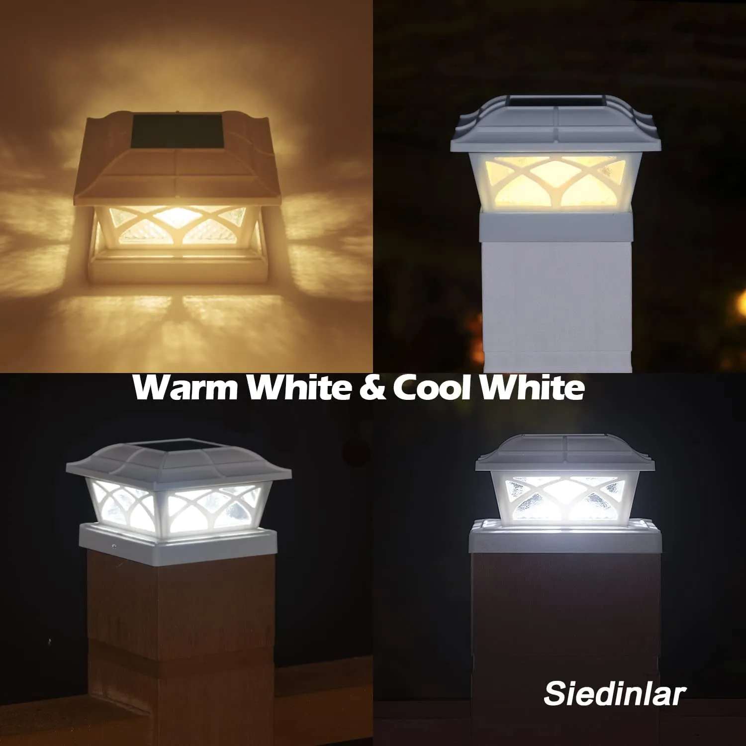 Solar Post Cap Lights Outdoor Glass 2 Modes 8 Leds for 4X4 5X5 6X6 Posts Fence Deck Patio Decoration Warm White/Cool White Lighting White (2 Pack)