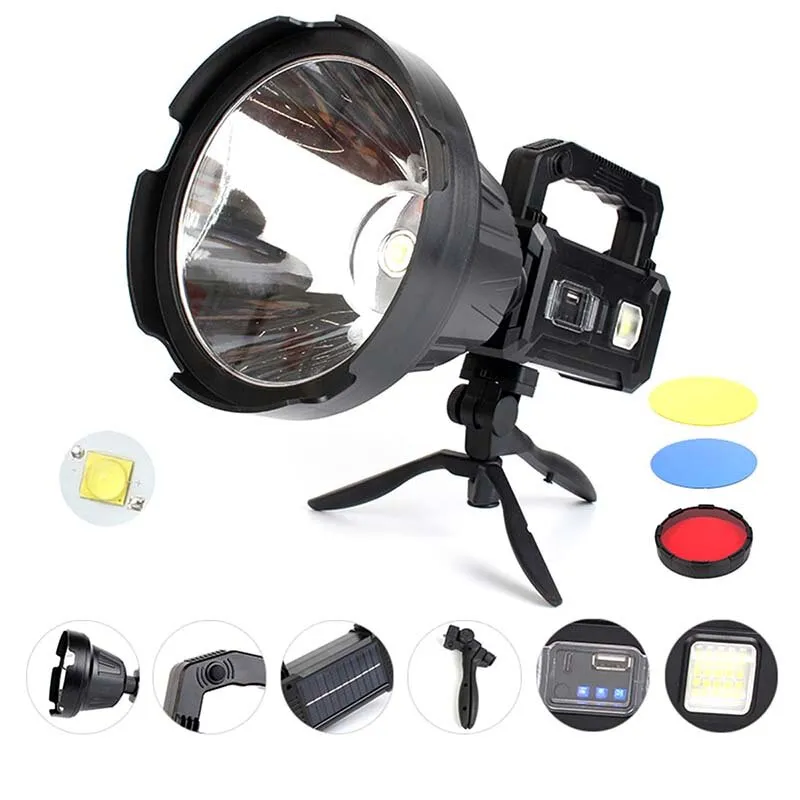 Super Bright LED Flashlight 5500-7000K, 6 Modes, Type-C Solar Rechargeable, Waterproof, Long Throw for Hunting & Camping