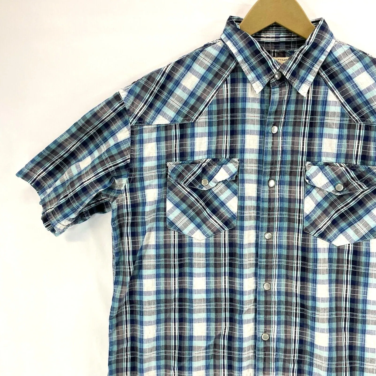 US Expedition Men's Button Up Shirt Western Workwear Plaid Blue White Size L